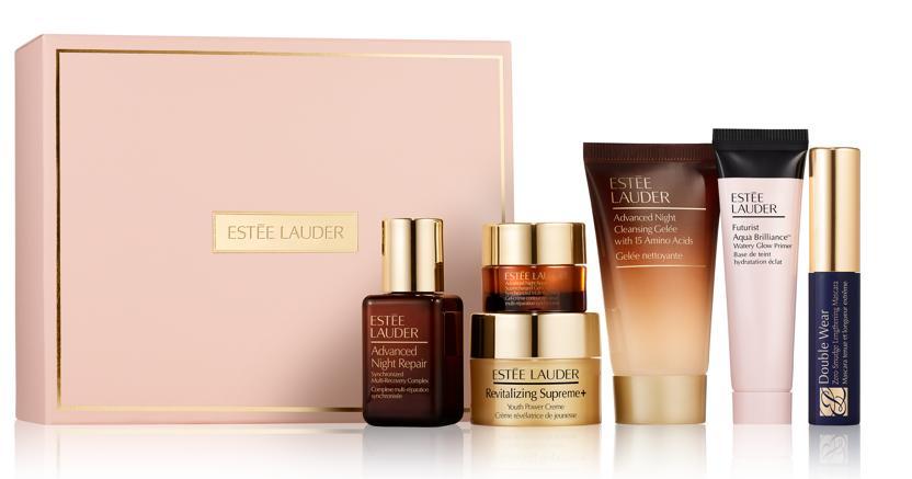 Estée Lauder deluxe 6-piece gift: Advanced Night Repair, Revitalizing Supreme+, cleansing gelée, primer, eye serum and mascara in a blush gift box